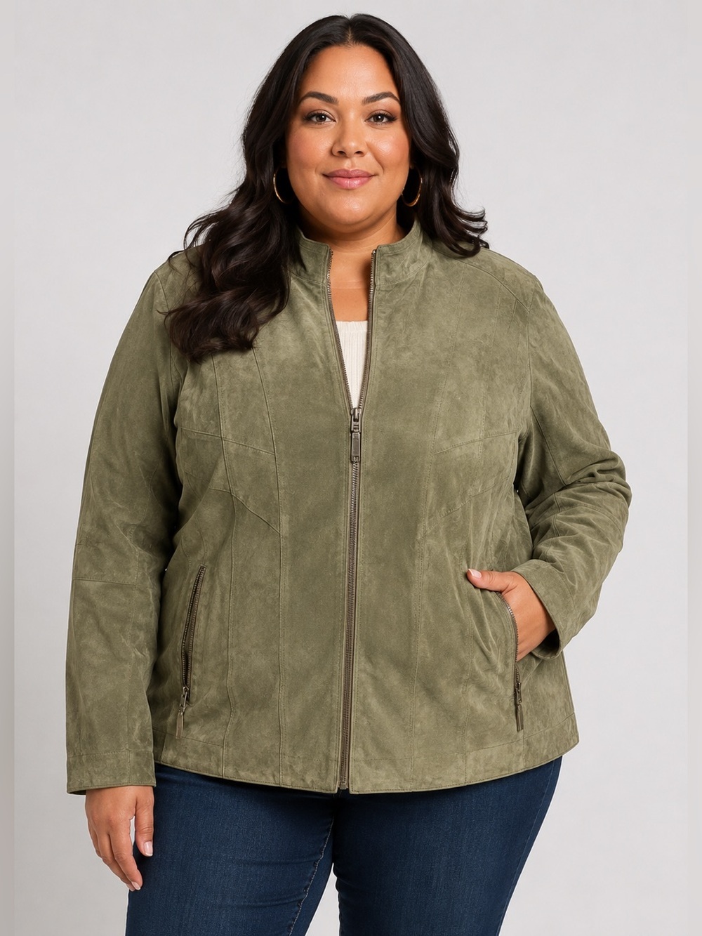 Alfani Woman Dark Olive Suede Genuine Leather Jacket Zip Size 2X